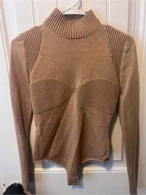 JLUXLABEL Ribbed Mock Neck Bodysuit in Camel Brown